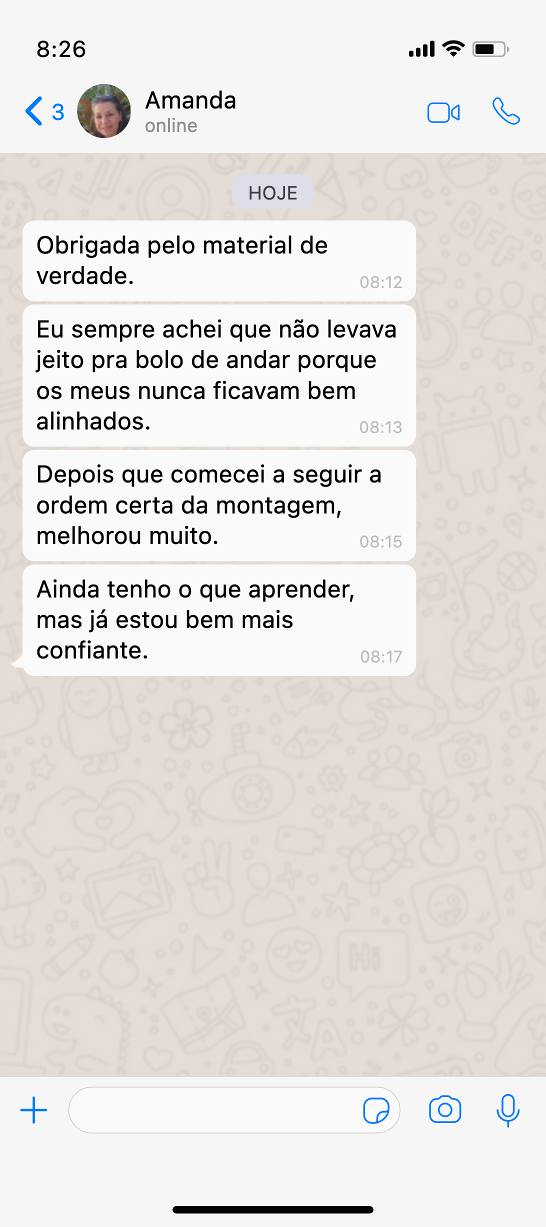 Depoimento de confeiteira no WhatsApp
